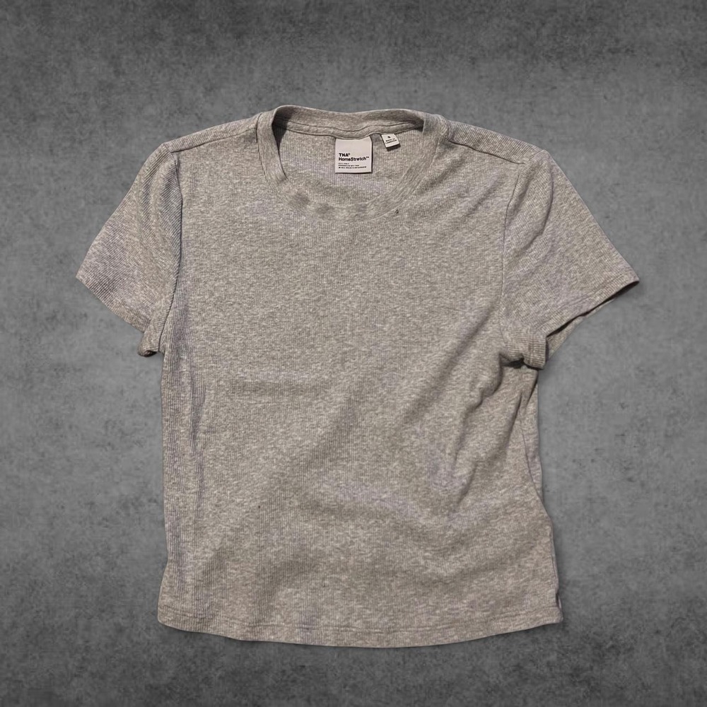 TNA HomeStretch Grey Ribbed Short Sleeve T-Shirt Womens Small Streetwear Y2K